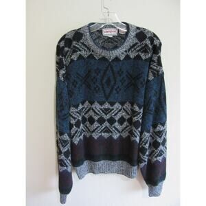 CAMPUS Blue Geometric Preppy Crewneck L Pullover Long Sleeve Sweater Vintage